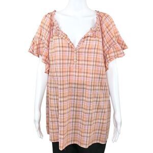 Max Studio NWT Women’s Coral Plaid Short Sleeve Ruffle-Trim Blouse Top Size 2X